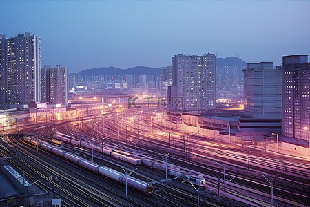 城市铁路背景图片_夜晚的城市铁路调车场