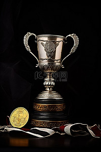 金牌免单背景图片_黑色背景，黑色桌子上有金色奖杯和奖牌