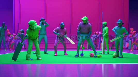 板球运动员角色在充满活力的绿色和紫色体育场背景 3d 渲染上摆出各种动作
