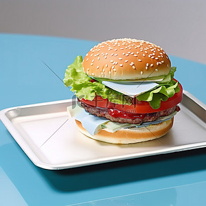 海鲜烧烤菜单背景图片_白色塑料盘和生菜，上面放着汉堡包