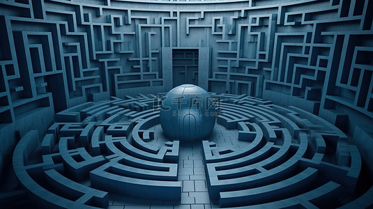 令人费解的蓝色圆形走廊的 3D 描绘，充满挑战和复杂性的迷宫
