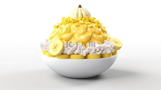 卡通风格 3d 渲染的刨冰香蕉 bingsu 在白色上隔离