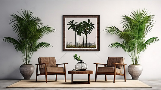 现代客厅配有热带植物舒适的椅子和别致的咖啡桌，配有毛绒地毯