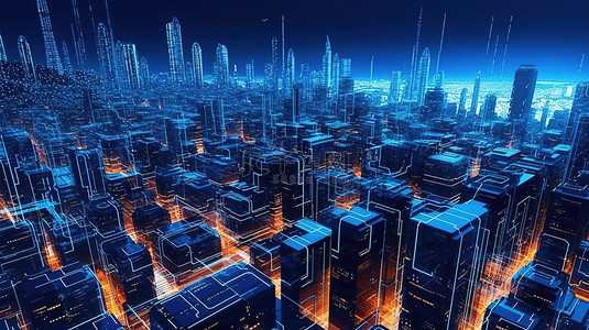 科技之城背景图片_未来之城 3D 渲染的虚拟世界