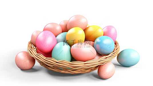 白色背景隔离复活节彩蛋篮的 3d 插图