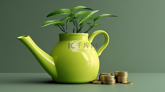 金钱银行背景图片_在喷壶的帮助下生长的金钱植物的 3D 插图