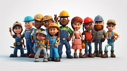 不同角色背景图片_卡通风格 3D 插画不同专业人士产业工人建筑工人工程师和技术人员