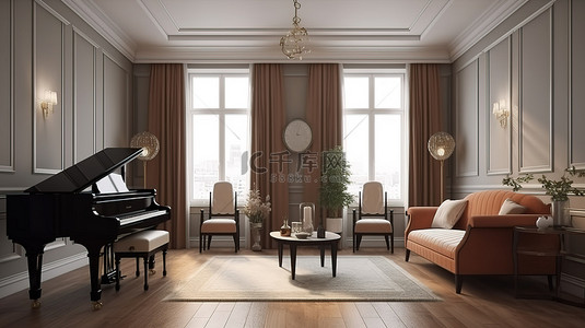 温暖而传统的客厅，配有钢琴和扶手椅，以 3d 渲染