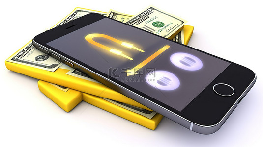 3D 货币中的电话和货币图标显示在白色隔离背景的黄色屏幕上