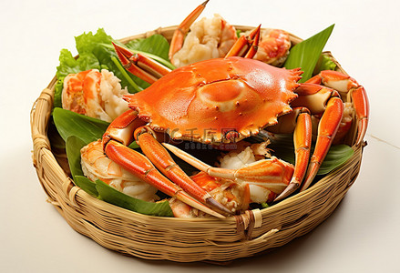 螃蟹蔬菜背景图片_篮子里的螃蟹，配上蔬菜和椰子
