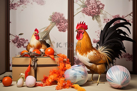 竹包装背景图片_公鸡礼物和风扇靠近一些鸡蛋和礼物