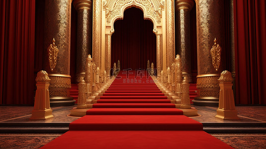 金色的柱子和蔓藤花纹风格构成了通往 3D 渲染国王宝座的富丽堂皇的红地毯