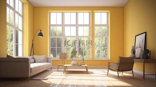 3d 渲染中阳光明媚的黄色现代客厅