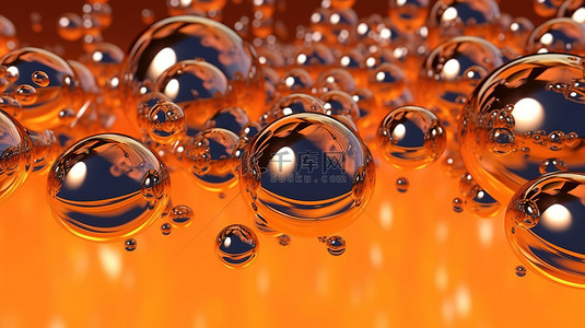 3d 渲染橙色水充满俏皮的气泡