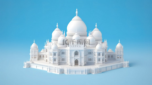 孤立的蓝色背景与 3D 白庙宫殿等距图形模型