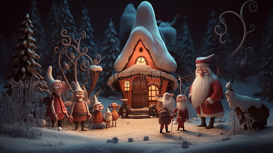 童话中背景图片_3d 童话插图中异想天开的圣诞人物