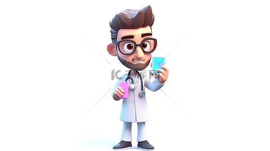 检查医生背景图片_男性医生在智能手机屏幕上拿着大注射器的卡通风格 3D 插图
