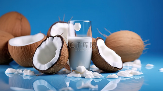 桑葚果奶背景图片_蓝色背景上椰子果和牛奶的 3d 渲染