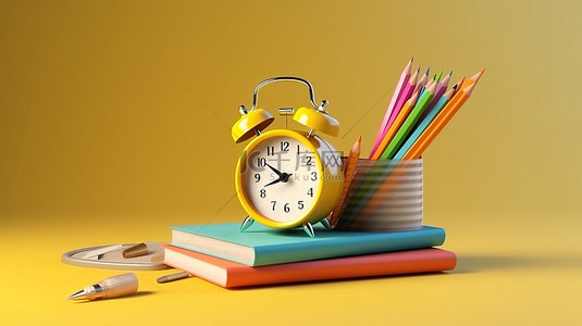 早起的学生背景图片_闹钟的 3D 插图位于书籍和铅笔之上，象征着带有复制空间的学校概念