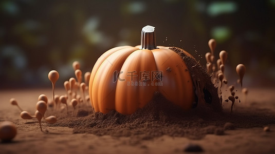 具有成熟棕色和自然灵感设计主题的卡通南瓜蔬菜的秋季 3D 渲染