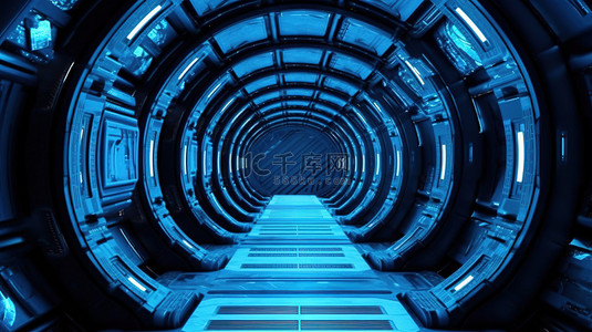 有蓝色航天器的未来派 3d 隧道