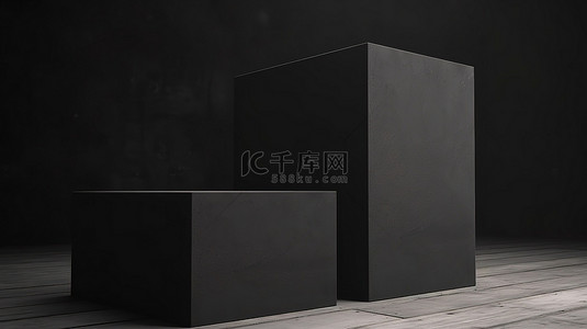 极简主义概念 3d 渲染黑盒在混凝土板上完美平衡