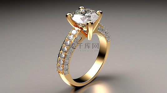 带有黄金和钻石口音的白色背景隔离心形戒指的 3D 渲染