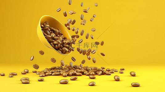 在 3D 渲染的充满活力的黄色背景上，掉落的咖啡豆的强烈特写