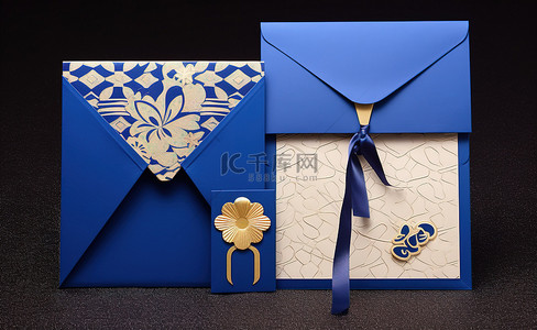 一个蓝色礼品袋，旁边有一个用蓝色墨水写的蓝色信封