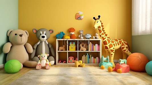 毛绒玩具马背景图片_充满毛绒动物玩具的舒适托儿所的 3D 插图