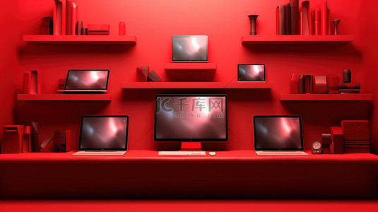 数字设备笔记本电脑手机平板电脑和计算机在红墙架子背景下的 3D 插图