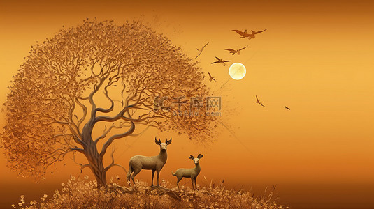 树抽象背景图片_具有 3D 效果的金树和月亮画布艺术，具有装饰性鸟类和鹿