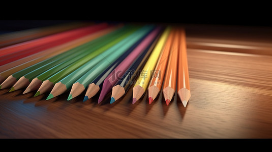 木质铅笔背景图片_3d 渲染中充满活力的彩色铅笔放置在带有空白页的木质表面上