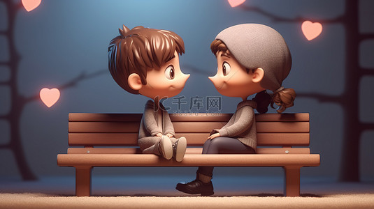 长凳卡通背景图片_可爱的年轻夫妇深爱着，在 3D 渲染的长凳上放松