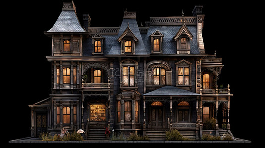 复古维多利亚时代的房子黑色背景插图与各种角度的 3D 渲染