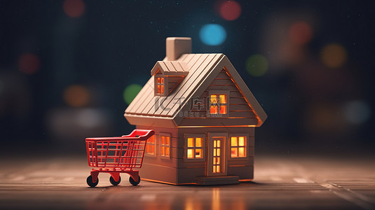 卖房子的背景图片_购物车概念内的家庭 3D 渲染
