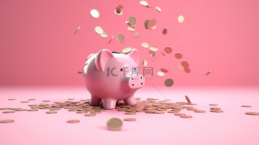 双11省钱大作战背景图片_粉红色存钱罐的 3D 渲染充满了掉落的美元硬币，强调省钱的重要性