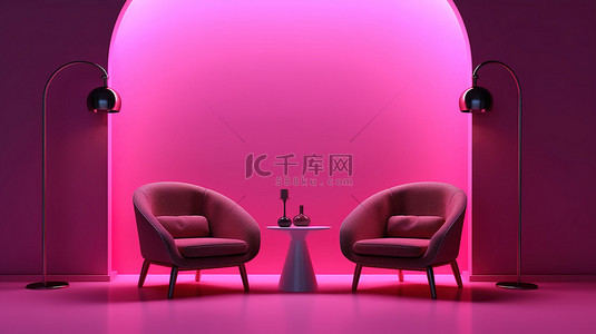 霓虹灯点亮的扶手椅和咖啡桌，在粉红色的墙壁上放着清爽的水杯 3D 渲染