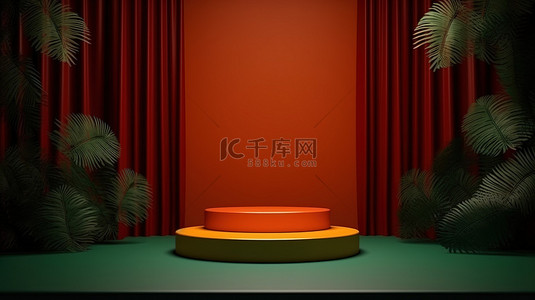 美容绿色背景背景图片_热带森林背景，橙绿色和红色讲台舞台，用于 3D 产品植入
