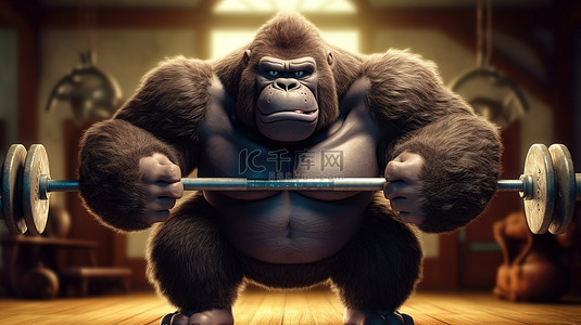 动物举重背景图片_搞笑的 3D 大猩猩举重锻炼