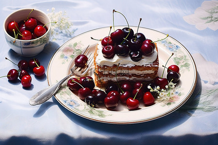 桌上有樱桃和蓝莓的四黄油蛋糕