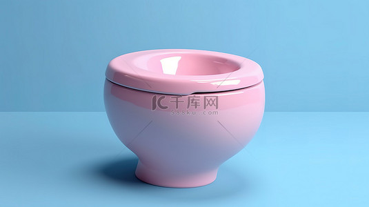 当代粉色陶瓷马桶，采用双色调设计，在 3D 渲染中以蓝色背景为背景