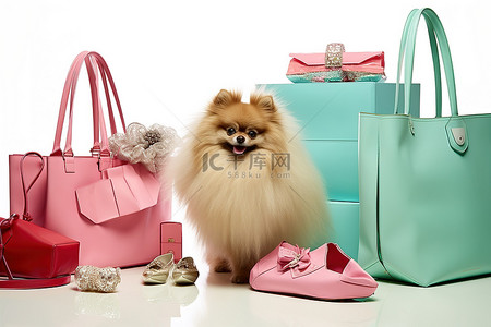 和动物背景图片_一只博美犬坐在各种包和鞋子旁边