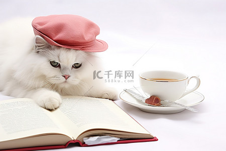 戴着帽子的白猫躺在桌上，桌上放着咖啡和书