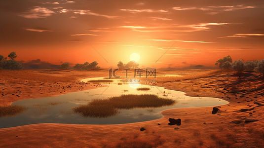 超现实主义背景图片_背景为水的沙地景观上宁静日出的 3D 插图