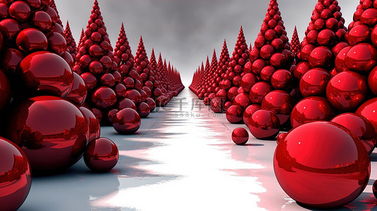 金雪背景图片_红色圣诞球变成了 3D 冬季仙境森林