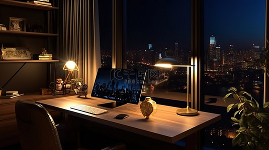 办公家居背景图片_时尚而精致的家庭办公室，在昏暗的灯光 3D 渲染中，办公桌上的平板电脑屏幕特写