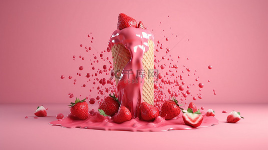 冰淇淋圣代背景图片_3d 渲染的草莓圆锥形装饰着漂浮的草莓和粉红色背景下的粉红色飞溅
