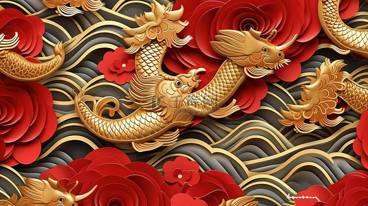 中国传统感背景图片_欢乐的农历新年插图，无缝图案的海浪与 3d 龙鱼