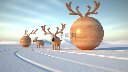圣诞节装饰的木制驯鹿的 3D 卡通渲染